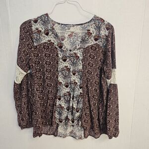 Charlotte Russe Long Sleeve Boho Floral Top Lace Trim Sz Small Cottage Core U431